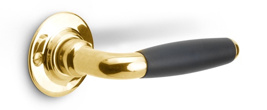 1932GRR50 - solid sprung door handle on round rose brass unlacquered/ebony wood
