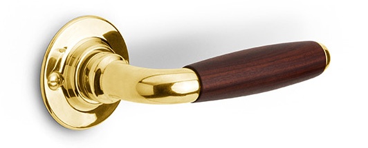 1932GRR50 - solid sprung door handle on round rose brass unlacquered/ebony wood