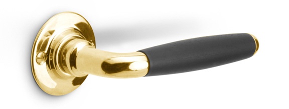 1932XLGRR50 - solid sprung door handle on round rose brass unlacquered/ebony wood