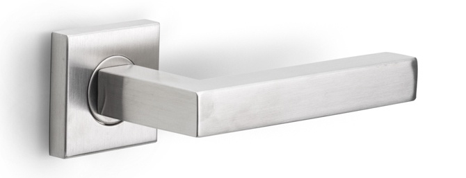 BSQ1 - sprung lever handle on rose satin stainless steel