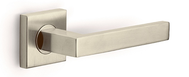 BSQ2-G - sprung lever handle on rose satin stainless steel