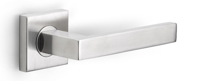 BSQ2 - sprung lever handle on rose satin stainless steel