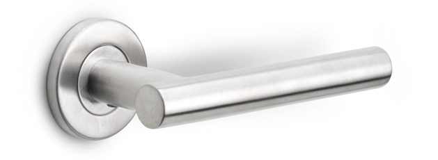 LB7L-19 - sprung lever handle on rose EN1906 class 3 satin stainless steel