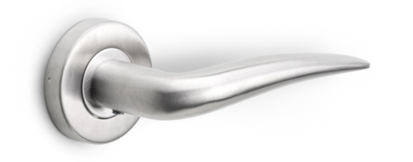 LB20 - solid sprung door handle on rose  satin stainless steel