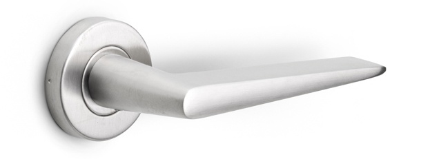 LB21 - solid sprung door handle on rose  satin stainless steel