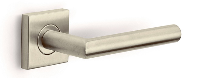 LB2-19BSQR53 - sprung door handle on square rose  satin stainless steel