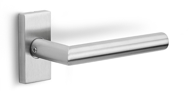 LB2-19Q32 - sprung lever handle on rose satin stainless steel
