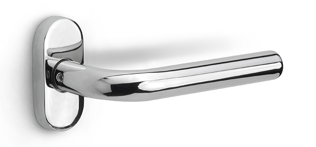 LB3-19B32 - sprung lever handle on rose polished stainless steel