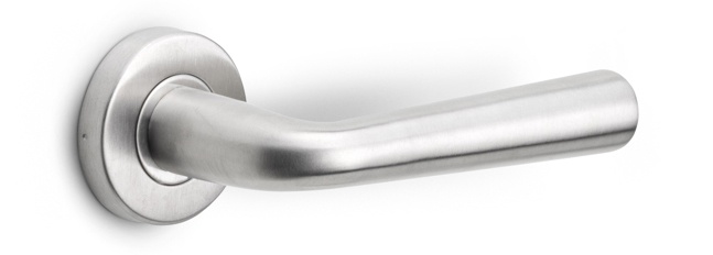 LB10 - solid sprung door handle on rose  satin stainless steel