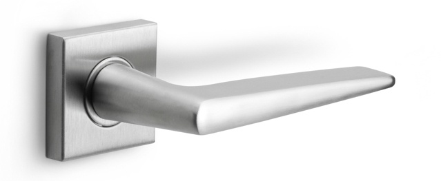 LB21H/BSQ - sprung lever handle on rose satin stainless steel