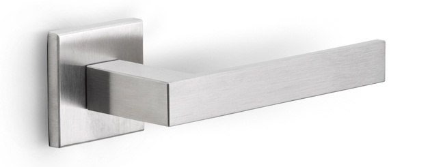 LSQ2-G - solid sprung door handle on rose  satin stainless steel