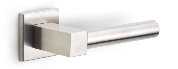 EK101-G - sprung lever handle on rose satin stainless steel